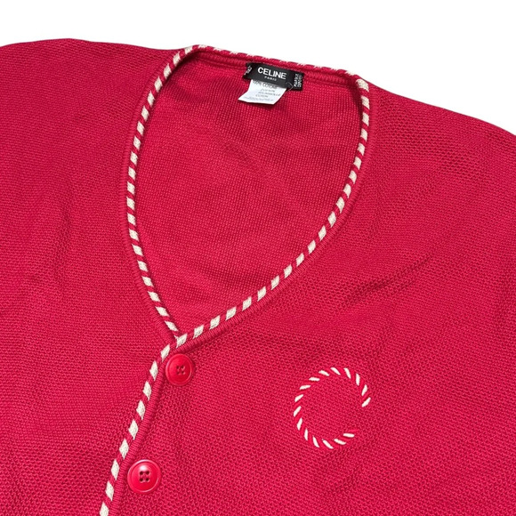 Vintage 80s Celine Candycane Xmas Monogram Red Cardigan Sweater Womens Medium - Picture 3 of 12